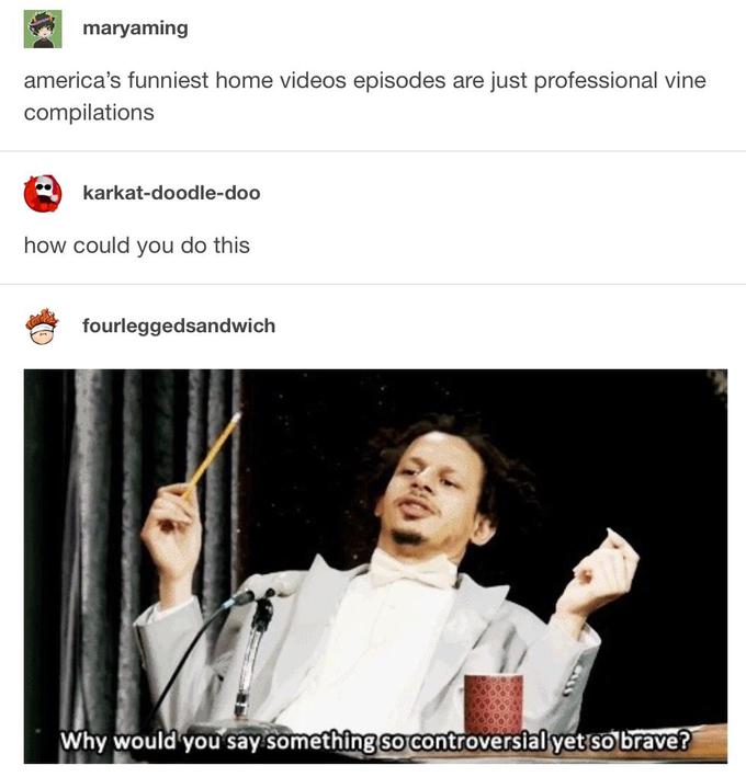 maryaming america's funniest home videos episodes are just professional vine compilations karkat-doodle-doo how could you do this fourleggedsandwich Why would you say something so controversialyet so braver