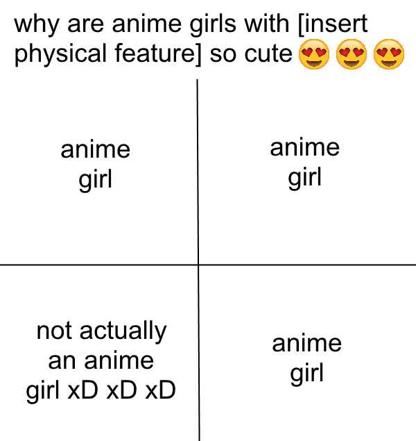 why are anime girls with [insert physical feature] so cute anime girl anime girl not actually an anime girl xD xD xD anime girl