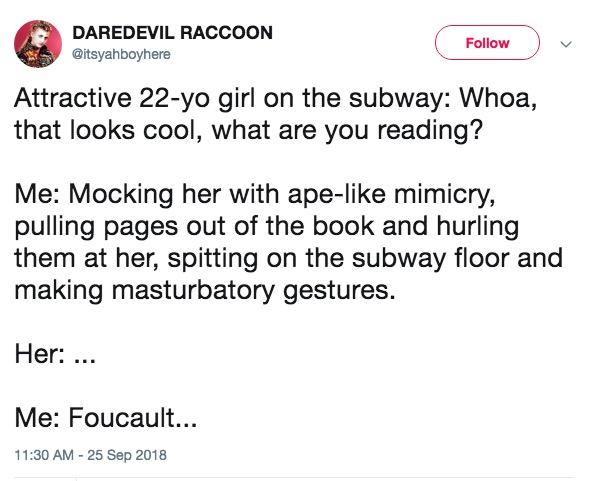 DAREDEVIL RACCOON @itsyahboyhere FollowV Attractive 22-yo girl on the subway: Whoa, that looks cool, what are you reading? Me: Mocking her with ape-like mimicry, pulling pages out of the book and hurling them at her, spitting on the subway floor and making masturbatory gestures. Her: Me: Foucault... 11:30 AM -25 Sep 2018