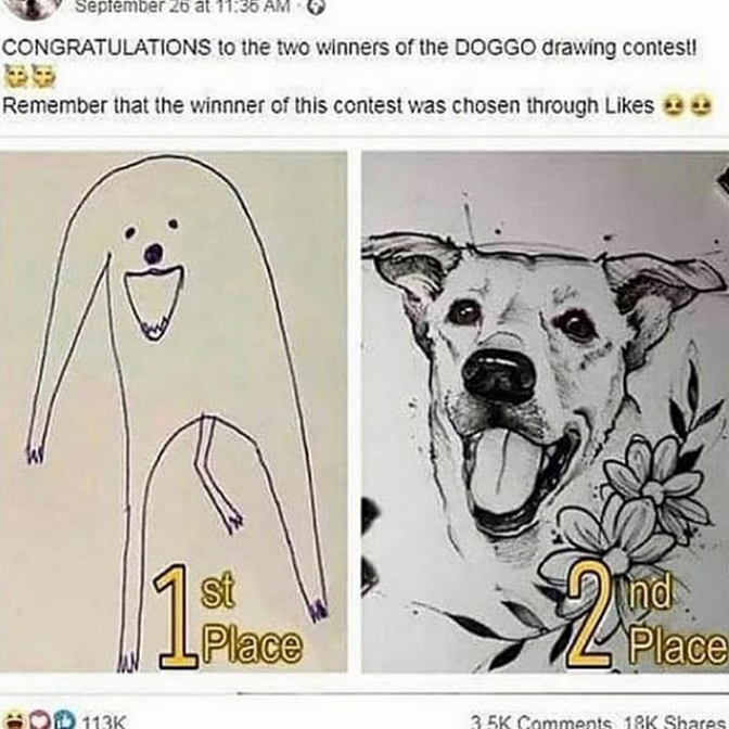 September 26 at 11:36 AM CONGRATULATIONS to the two winners of the DOGGO drawing contest! Remember that the winnner of this contest was chosen through Likes st Place Ind Place GOD 113K 3 5K Comments 18K Shares