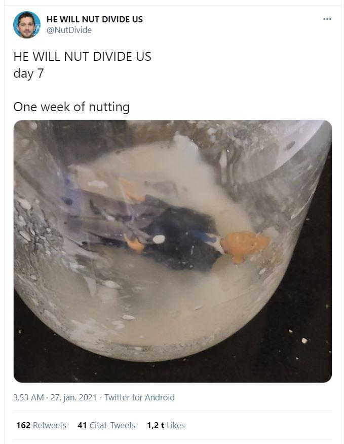 HE WILL NUT DIVIDE US @NutDivide HE WILL NUT DIVIDE US day 7 One week of nutting 3.53 AM · 27. jan. 2021 · Twitter for Android 162 Retweets 41 Citat-Tweets 1,2 t Likes