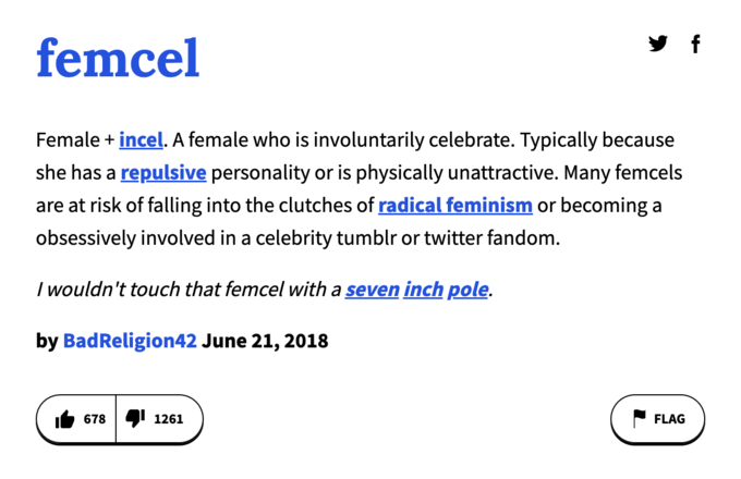 femcel Female + incel. A female who is involuntarily celebrate. Typically because she has a repulsive personality or is physically unattractive. Many femcels are at risk of falling into the clutches of radical feminism or becoming a obsessively involved in a celebrity tumblr or twitter fandom. I wouldn't touch that femcel with a seven inch pole. by BadReligion42 June 21, 2018 678 1261 FLAG