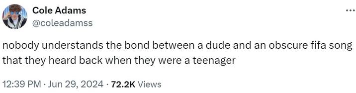 Cole Adams @coleadamss nobody understands the bond between a dude and an obscure fifa song that they heard back when they were a teenager 12:39 PM Jun 29, 2024 72.2K Views