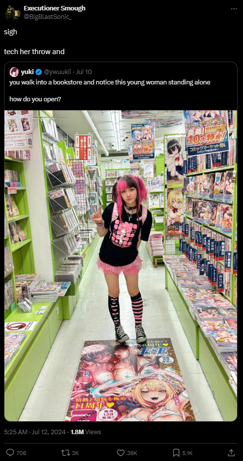 sigh Executioner Smough @BigBlastSonic_ tech her throw and yuki @ywuukii - Jul 10 you walk into a bookstore and notice this young woman standing alone how do you open? 情熱とを極めて 每周年 5:25 AM - Jul 12, 2024 - 1.8M Views 706 173K 每月 138 09611 110大特賛! コミックマーケット 104 MOMB 度げで K 36K 5.1K <]