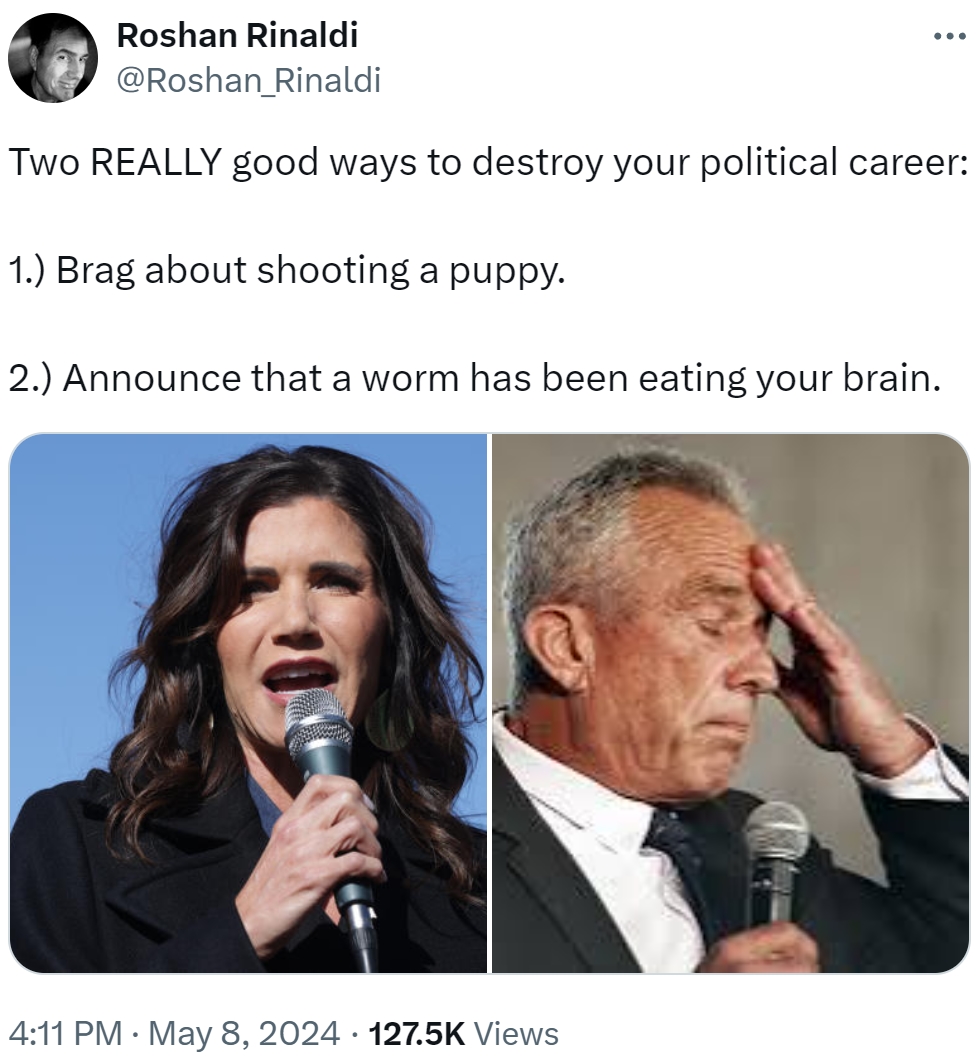 Roshan Rinaldi @Roshan_Rinaldi ... Two REALLY good ways to destroy your political career: 1.) Brag about shooting a puppy. 2.) Announce that a worm has been eating your brain. • 4:11 PM • May 8, 2024 127.5K Views