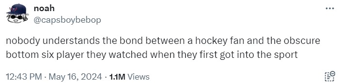 noah @capsboybebop nobody understands the bond between a hockey fan and the obscure bottom six player they watched when they first got into the sport 12:43 PM - May 16, 2024 1.1M Views