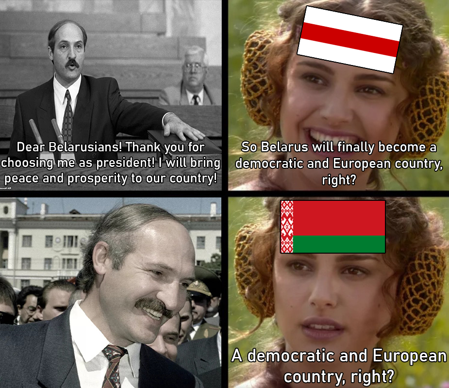 Dear Belarusians! Thank you for choosing me as president! I will bring peace and prosperity to our country! So Belarus will finally become a democratic and European country, right? A democratic and European country, right?