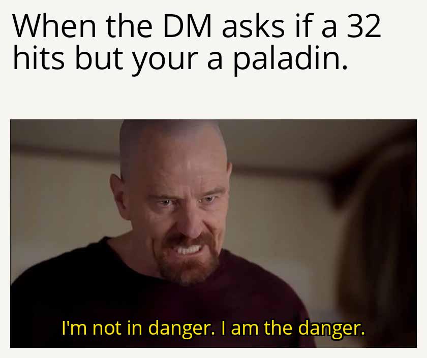 When the DM asks if a 32 hits but your a paladin. I'm not in danger. I am the danger.