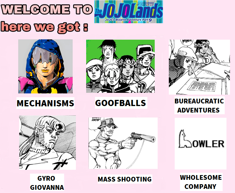 WELCOME TO THE JOJOLands here we got : JoJo's Bizarre Adventure Part 9 MECHANISMS GOOFBALLS DAYS" D BUREAUCRATIC ADVENTURES OWLER GYRO GIOVANNA MASS SHOOTING WHOLESOME COMPANY