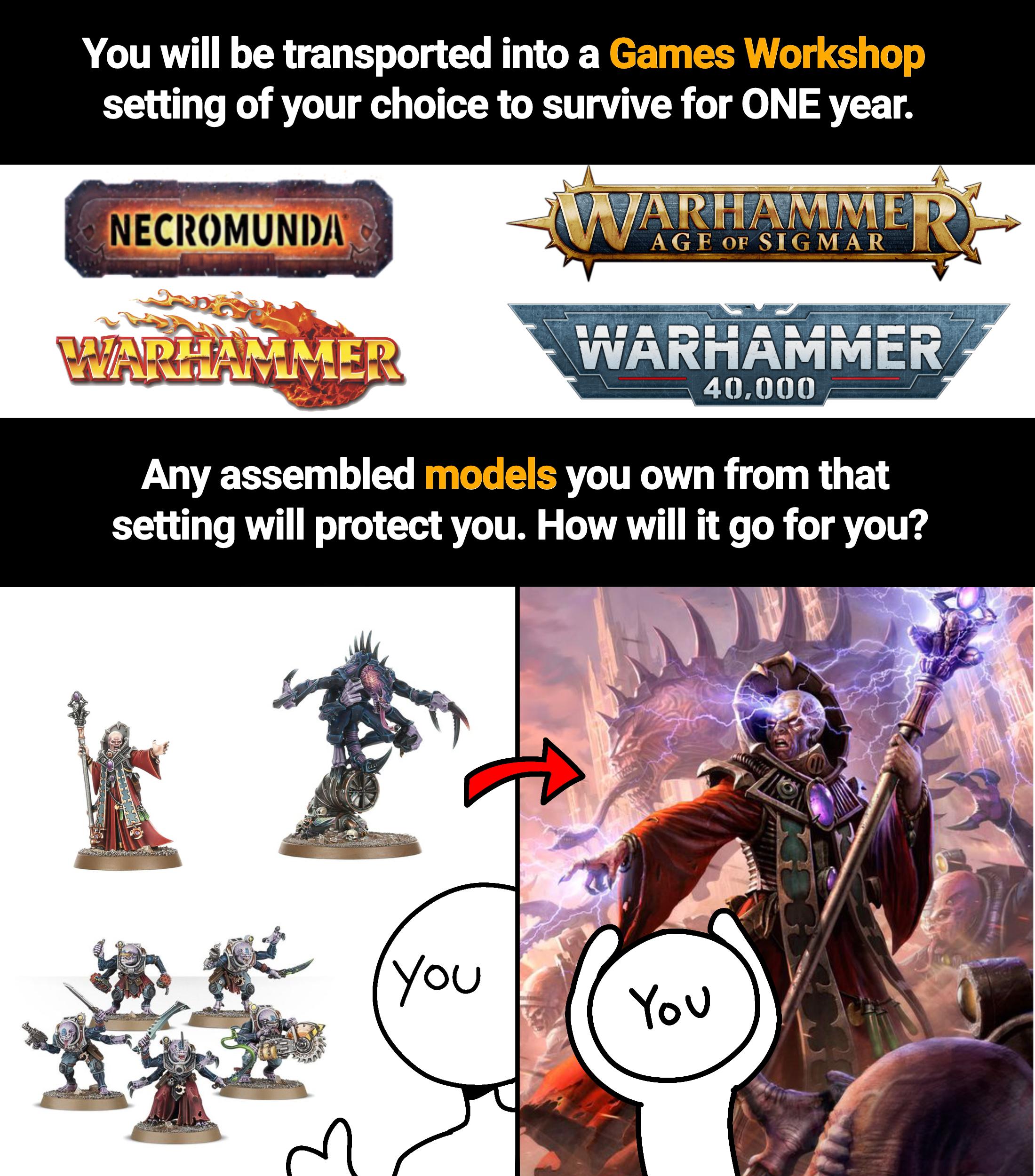 You will be transported into a Games Workshop setting of your choice to survive for ONE year. NECROMUNDA WARHAMMER AGE OF SIGMAR WARHAMMER WARHAMMER 40,000 Any assembled models you own from that setting will protect you. How will it go for you? ন You You