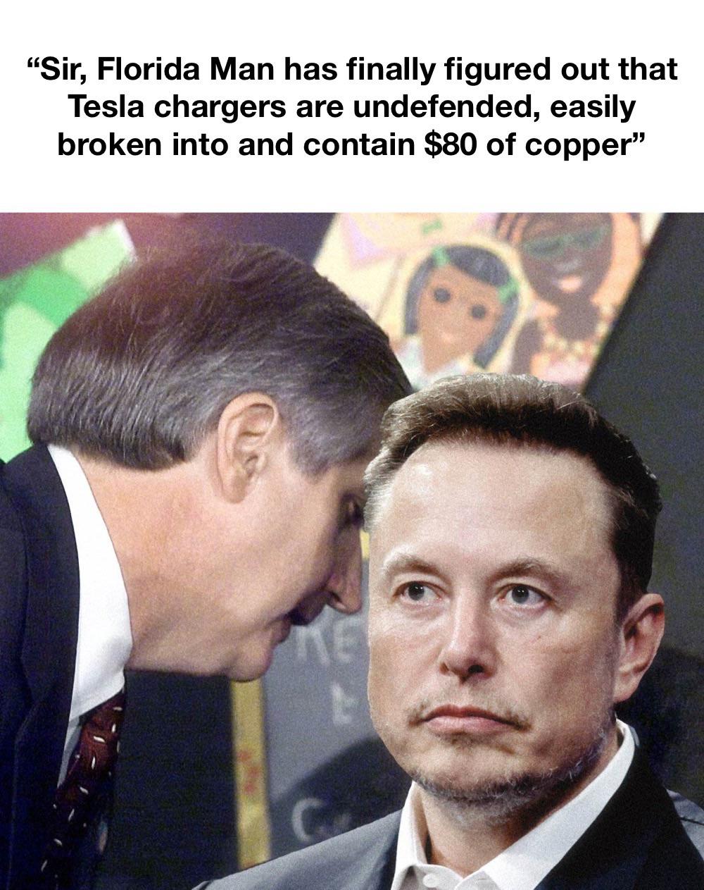 "Sir, Florida Man has finally figured out that Tesla chargers are undefended, easily broken into and contain $80 of copper" KE t