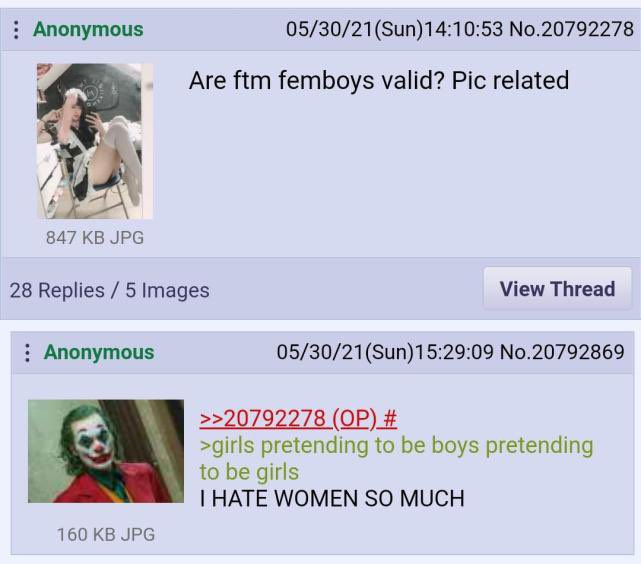 Anonymous 05/30/21(Sun)14:10:53 No.20792278 Are ftm femboys valid? Pic related 847 KB JPG 28 Replies/5 Images Anonymous View Thread 160 KB JPG 05/30/21(Sun)15:29:09 No.20792869 >>20792278 (OP) # >girls pretending to be boys pretending to be girls I HATE WOMEN SO MUCH