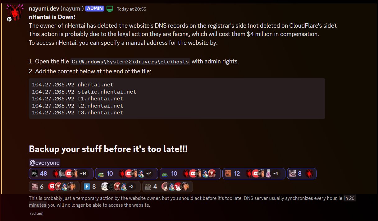 nayumi.dev (nayumi) ADMIN Today at 20:55 nHentai is Down! The owner of nHentai has deleted the website's DNS records on the registrar's side (not deleted on CloudFlare's side). This action is probably due to the legal action they are facing, which will cost them $4 million in compensation. To access nHentai, you can specify a manual address for the website by: 1. Open the file C:\Windows\System32\drivers\etc\hosts with admin rights. 2. Add the content below at the end of the file: 104.27.206.92 nhentai.net 104.27.206.92 static.nhentai.net 104.27.206.92 t1.nhentai.net 104.27.206.92 t2.nhentai.net 104.27.206.92 t3.nhentai.net Backup your stuff before it's too late!!! @everyone 48 +14 10 +2 10 F8 +3 4 12 +4 8 6 This is probably just a temporary action by the website owner, but you should act before it's too late. DNS server usually synchronizes every hour, ie in 26 minutes you will no longer be able to access the website. (edited)