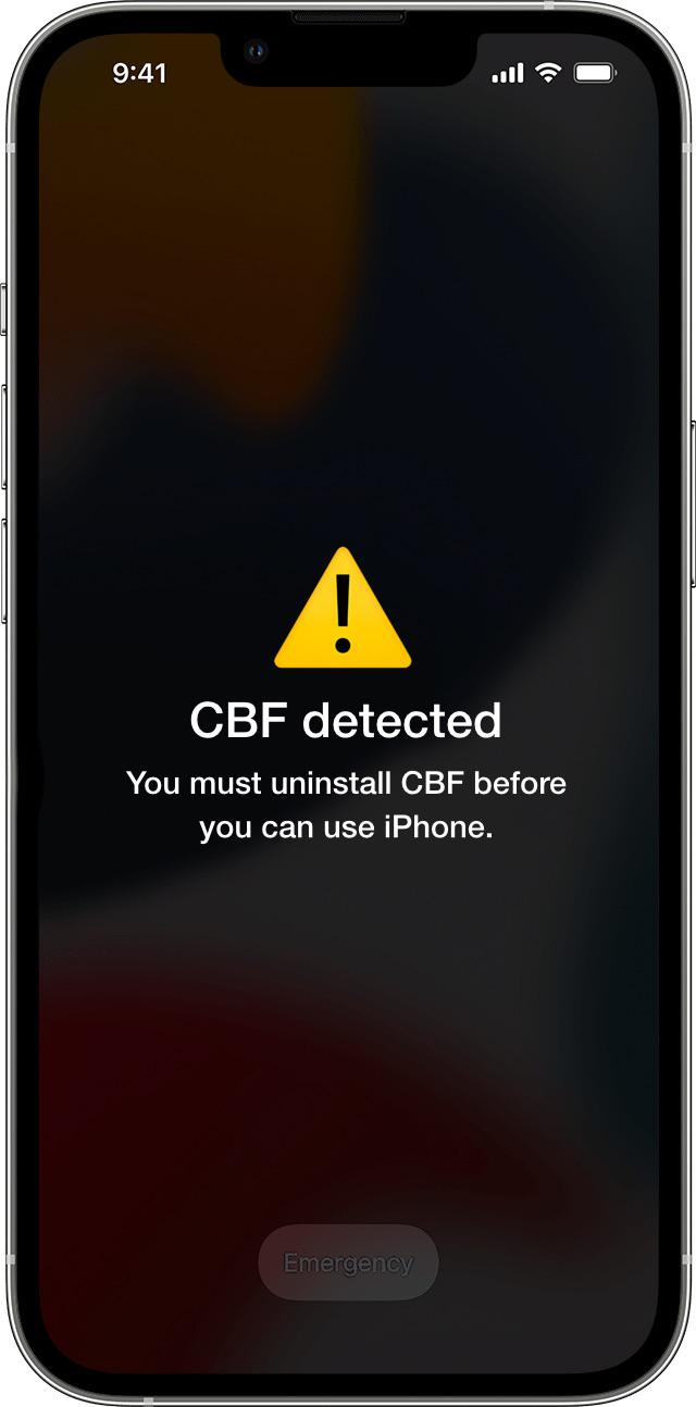 9:41 CBF detected You must uninstall CBF before you can use iPhone. Emergency