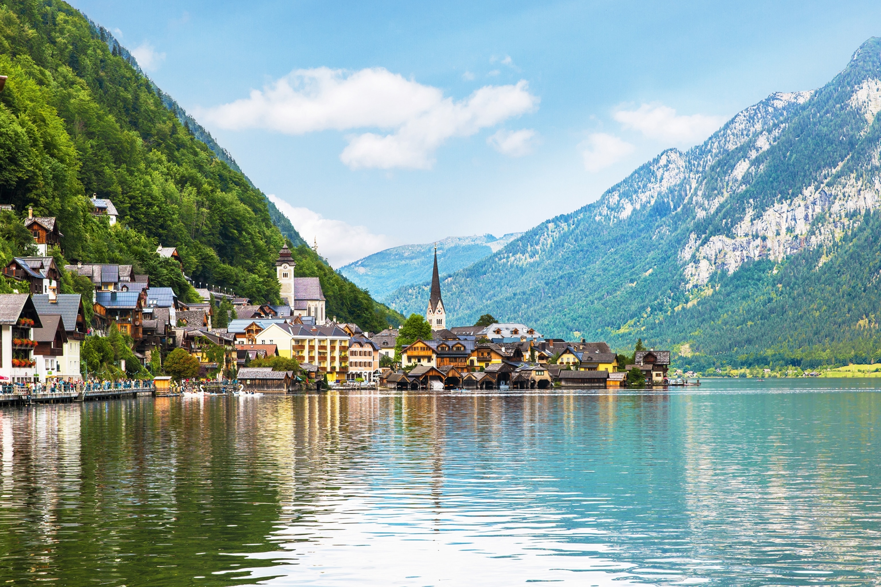 A far shot of Hallstatt Village and Hallstatter See lake in Austria