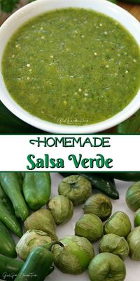 This Homemade Salsa Verde is made with tomatillos, 4 different types of peppers and seasoned just right. Perfect for chips and salsa or adding to a favorite Mexican dish. #salsaverde #salsa #appetizer #salsarecipe