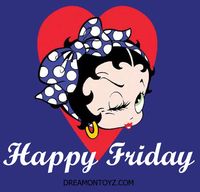 Happy Friday -For more Betty Boop images, visit my blog:  http://bettybooppicturesarchive.blogspot.com/  ~And on Facebook~ https://www.facebook.com/bettybooppictures  Winking Betty Boop with blue and white polka dot hair bow and red heart