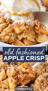 Old Fashioned Easy Apple Crisp | Chopped apples, cinnamon, brown sugar, and the best crispy oat topping, baked into the ultimate Fall dessert! Top with a scoop of ice cream and salted caramel for the perfect treat! #applecrisp #oats #dessert #apples #fromscratch #easyrecipe