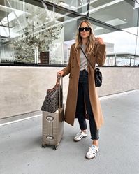 how to dress for a plane ride, airplane travel outfit, chic travel outfit, adidas sneaker outfit