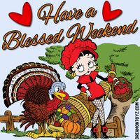 Have a Blessed Weekend! - Pilgrim cartoon character #BettyBoop with a live pilgrim turkey, basket of red apples and cornucopia #vegan #Thanksgiving