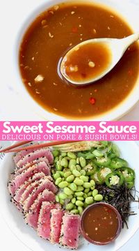 Sweet sesame sauce is an easy 6 ingredient recipe that can be whisked together in 5 minutes! This Japanese sauce is vegan, gluten free and perfect for topping sushi bowls or poke bowls. It can also be tossed with steamed vegetables, used as a stir fry sauce, for marinating chicken or glazing fish.