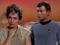 Star Trek Season 1 Episode 1 - The Man Trap (8 Sep. 1966), Dr. McCoy (DeForest Kelley) and Nancy Crater (Jeanne Bal)