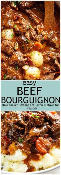 Tender fall apart chunks of beef simmered in a rich red wine gravy makes Julia Child's Beef Bourguignon an incredible family dinner. Slow Cooker, Instant Pot/Pressure Cooker, Stove Top and the traditional Oven method included! Easy to make, every step is worth it.