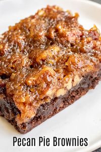 Pecan Pie Brownies are an amazing Thanksgiving dessert recipe that combines two classics, rich, fudgy chocolate brownies, and pecan pie, into one awesome dessert. Pecan pie filling is baked on top of brownies for a sweet, fall dessert that will become your favorite Thanksgiving recipe! #thanksgiving #thanksgivingdessert #pecanpie #brownies #thanksgivingrecipe #homemadeinterest