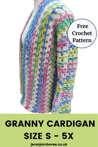 This free granny cardigan pattern is a beginner-friendly crochet pattern that features a striking contrast between vertical granny stitches on the front and back, and horizontal stitches on the sleeves.  This unique combination not only makes this colourful cardigan visually appealing but also ensures a comfortable fit that you’ll love wearing.  The perfect project for having a rummage in your stash for leftover yarn!