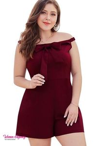 Plus Size Off Shoulder Bowknot Romper. Sleeveless Solid Casual Jumpsuits.