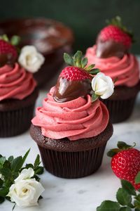 When you can't decide which delicious dessert to make on Valentine's Day, these chocolate covered strawberry cupcakes are just the sweet you're looking for. #holiday #recipe #food #ideas #valentinesday #dessert #inspiration