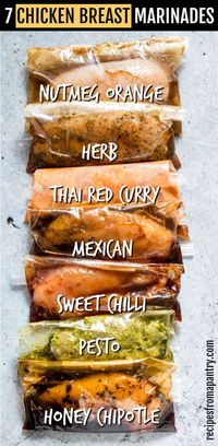 The BEST and EASIEST Chicken Marinades are on this list! The chicken breast marinade recipes include Nutmeg Orange Marinade, Herb Marinade, Thai Red Curry Marinade, Mexican Marinade, Sweet Chilli Marinade, Pesto Marinade and Honey Chipotle Marinade! All are gluten-free marinades and many are keto and Paleo as well. Cook them in the Instant Pot, oven, grill or slow cooker. #chickenmarinades #chicken #chickenmarinaderecipes #chickenbreast