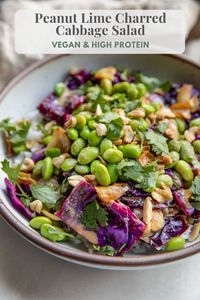 This Peanut Lime Charred Cabbage Salad combines pan seared cabbage with sesame edamame and serves it with a creamy peanut sauce. Easy to make, gluten-free and a great source of plant protein.