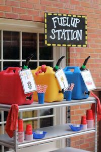 Fuel up drink station at a transportation birthday party! See more party ideas at CatchMyParty.com!