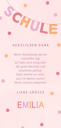 Einschulung Dankeskarte in Rosa mit eigenem Foto, Girlande und Konfetti. Einfach persönliches Foto und eigene Texte einfügen!