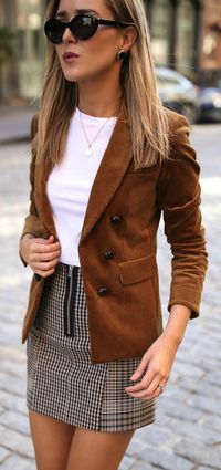 #fall #outfits women's white crew-neck shirt, brown blazer and gingham mini skirt outfit