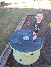 Wooden cable spool with chalk holder - image shared by Choices Family Daycare (",)