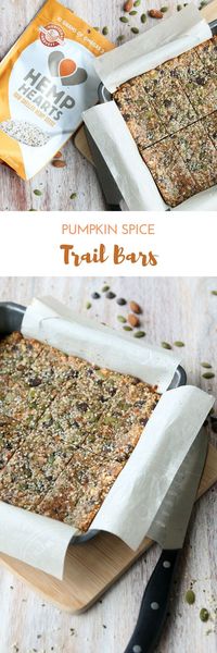 These Pumpkin Spice Trail Bars are packed with almonds, chocolate chips, Hemp Hearts, and pumpkin seeds. They make a great healthy snack that will fuel you through any fall hike!