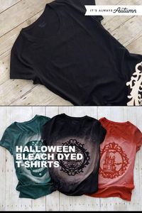 Halloween Bleach Dyed T-Shirts are made using cute signs from Dollar Tree. They turn out so cool you won’t believe how easy they are to make! Fun Halloween craft for adults.