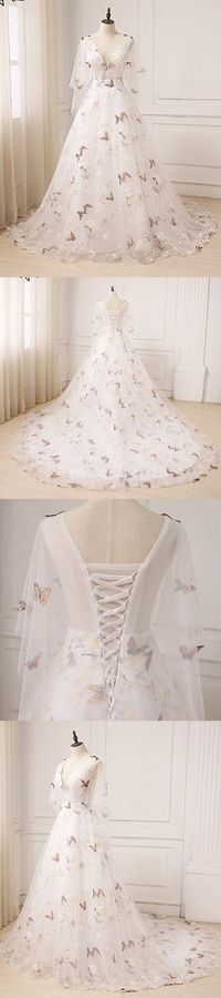 Unique Ivory Floral Print Tulle Long V Neck Sweet 16 Prom Dress With Sleeves M2586 on Luulla