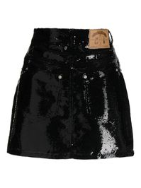 patent-finish mini skirt from Pushbutton featuring black, patent leather, A-line, front button and zip fastening, two rounded pockets to the sides, two rear patch pockets, logo patch to the rear and belt loops. | pushBUTTON Patent-Finish Mini Skirt