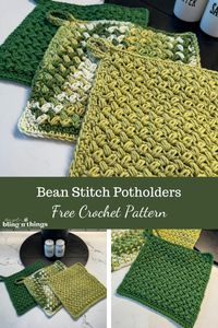 Looking for a super quick and easy potholder pattern?  This one is for you!  It is made with the bean stitch and it produces a very thick fabric that will protect your counters from hot pans and dishes.