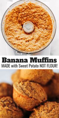 51 calorie banana muffins made with sweet potatoes instead of flour! Healthy paleo banana bread muffins make easy paleo breakfasts for on the go. Kid friendly paleo snack idea. #paleo #sugarfree #bananas #bananabread #baking #glutenfree