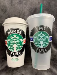 "(1) Personalized reusable Starbucks cup Hot cup is 16oz - Grande - Please use a cup sleeve Cold cup is 24oz - Venti - Includes lid & straw Oracal 651 permanent vinyl applied to reusable cups purchased directly from Starbucks, so the green logo in the center cannot be changed. The lettering is cut out so the color of the cup will show through; white on the hot cups, opaque white on the cold cups. Keep in mind there are sometimes small character marks in the cups, like fading or marks from manufa