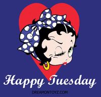 Happy Tuesday  -For more Betty Boop graphics & greetings:  http://bettybooppicturesarchive.blogspot.com/  ~And on Facebook~ https://www.facebook.com/bettybooppictures   Betty Boop with red heart and blue and white polka dot hair bow