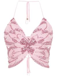 light pink butterfly-shaped design V-neck spaghetti straps sequin embellishment open back full lining geometric hem rear tie fastening