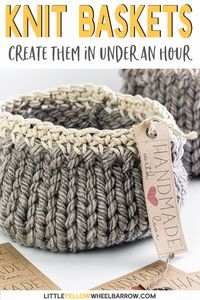 Cute DIY knitted baskets you can knit up quick and easy. This simple craft project requires a single skein of yarn and requires only basic knitting knowledge. A perfect knitting project for beginners. Knit up a few to give away as handmade DIY gifts. #knitbaskets #knittingforbeginners #freeknittingpattern #easycrafts #diyprojects #easycrochet #RedHeart #knittingprojects #knittingpattern #easyknitting