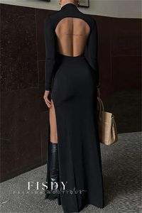 Fisdy - Stylish Backless Half-Turtleneck Long Dress with Slit - Casual Solid Color Design