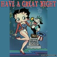 HAVE A GREAT NIGHT -More Betty Boop Graphics & Greetings http://bettybooppicturesarchive.blogspot.com/ & https://www.facebook.com/bettybooppictures/   - Patriotic cartoon character Betty Boop dressed in red, white and blue stars & stripes with Bimbo as Statue of Liberty #Dreamontoyz.com