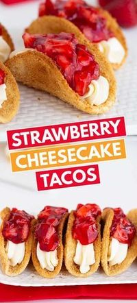 Mini Cheesecake Tacos - Have you tried Cheesecake Tacos? They are a mini strawberry cheesecake taco you serve up for dessert! They have a crispy, crunchy graham cracker coated shell with a thick and creamy pipeable cheesecake filling and a strawberry glaze topping. #cookiedoughandovenmitt #cheesecake #strawberries #dessertrecipes #desserts
